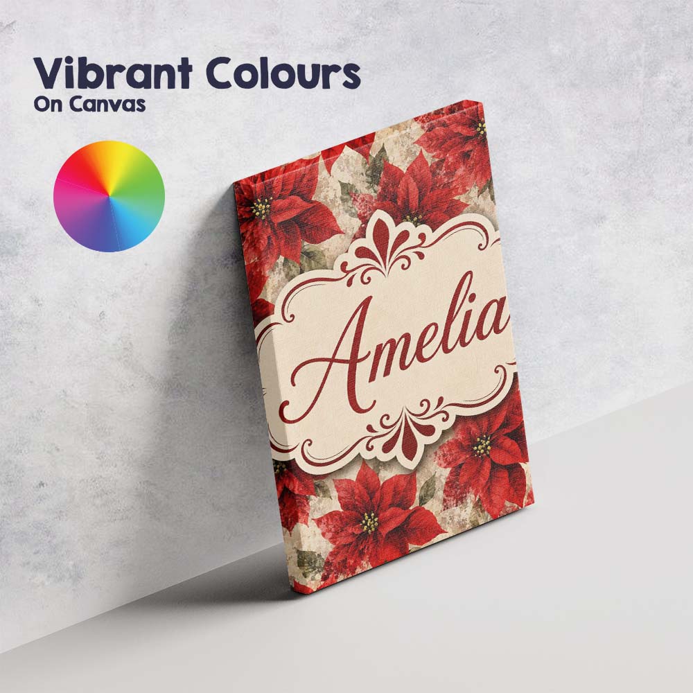 Personalised Name Watercolour Red Poinsettia Custom Bespoke Contemporary Display Canvas Wall Art Print Decor Picture Ready to Hang