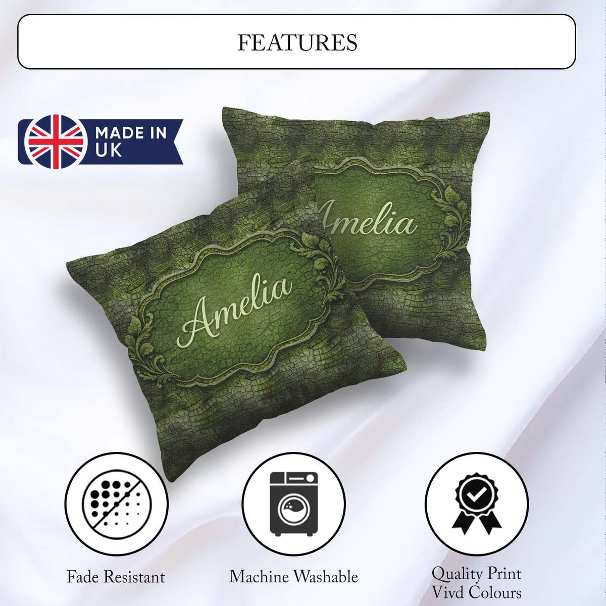 Custom Name Green Crocodile Skin Texture Pattern Thoughtful Idea Square Filled Cushion Throw Pillow Sofa Bed Home Decor Zip Washable UK Made
