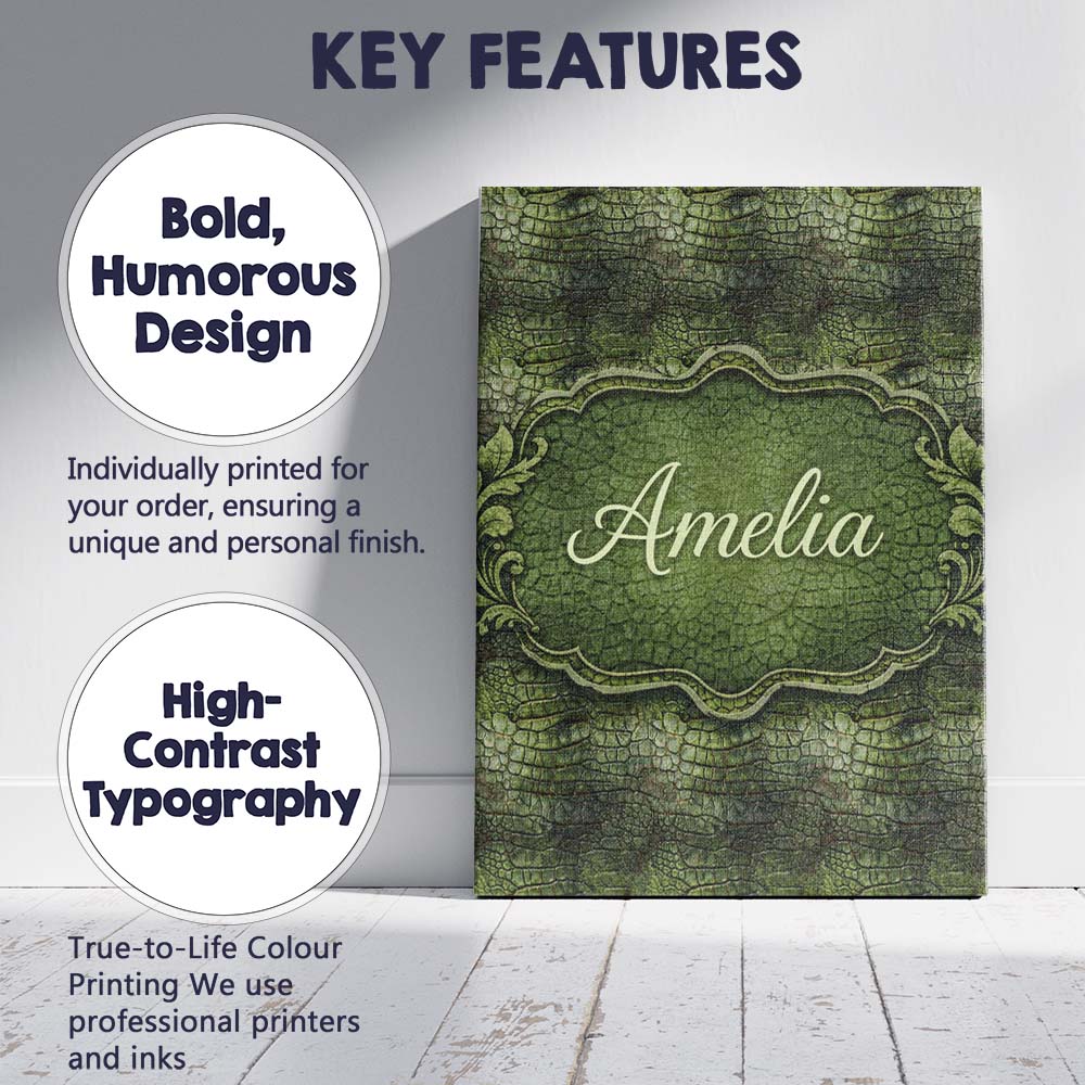 Personalised Name Green Crocodile Skin Texture Pattern Thoughtful Custom Bespoke Canvas Wall Art Print Decor Picture Ready to Hang