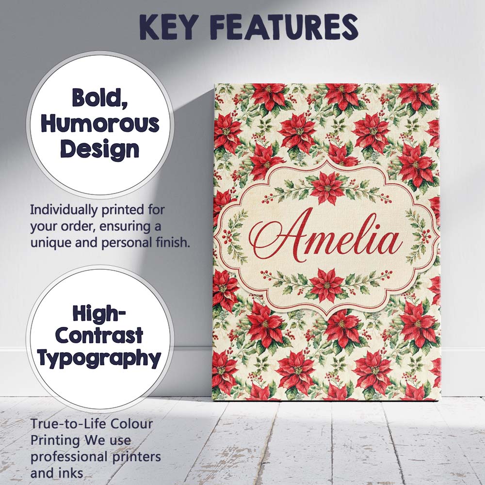 Personalised Name Classic Christmas Poinsettia Floral Cream Unique Gift Idea Custom Made Canvas Wall Art Print Decor Picture Ready to Hang