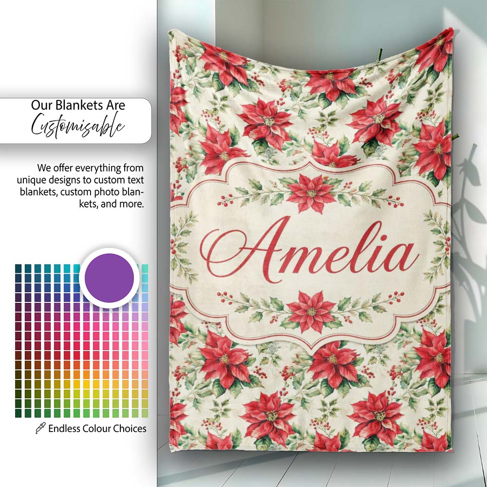 Classic Christmas Poinsettia Floral Cream Background Seamless Lovely Personalised Custom Name Super Soft Fleece Blanket Bed Sofa Throw
