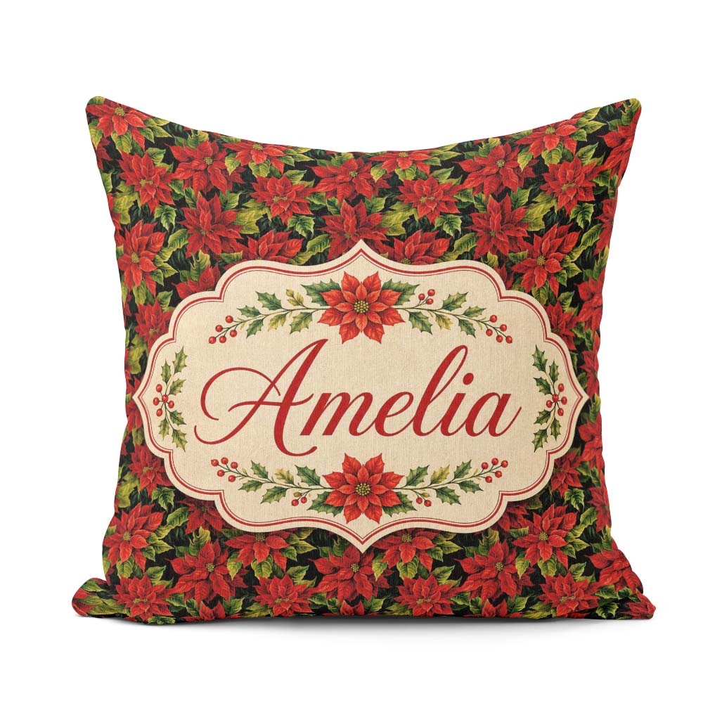 Custom Name Rich Red Poinsettia on Dark Festive Seamless Pattern Square Filled Cushion Throw Pillow Sofa Bed Home Decor Zip Washable UK Made