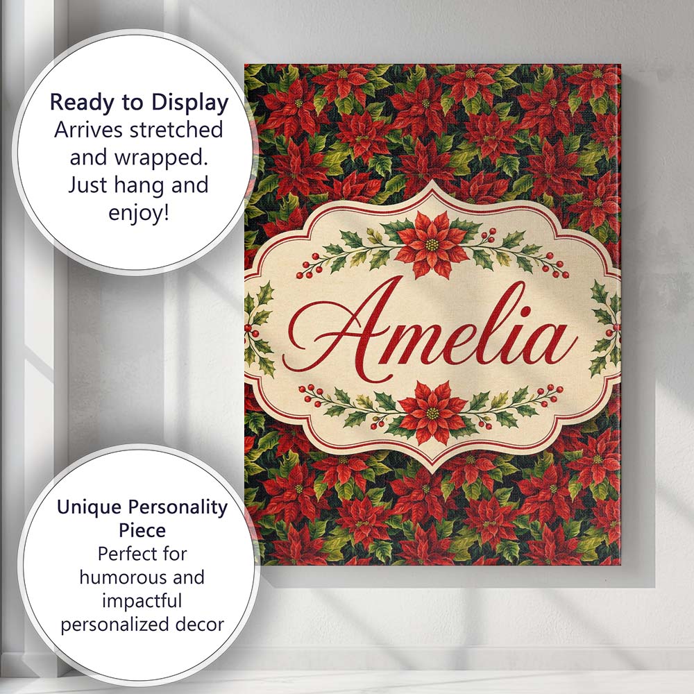 Personalised Name Rich Red Poinsettia on Custom Unique Gift Idea Elegant Feature Canvas Wall Art Print Decor Picture Ready to Hang