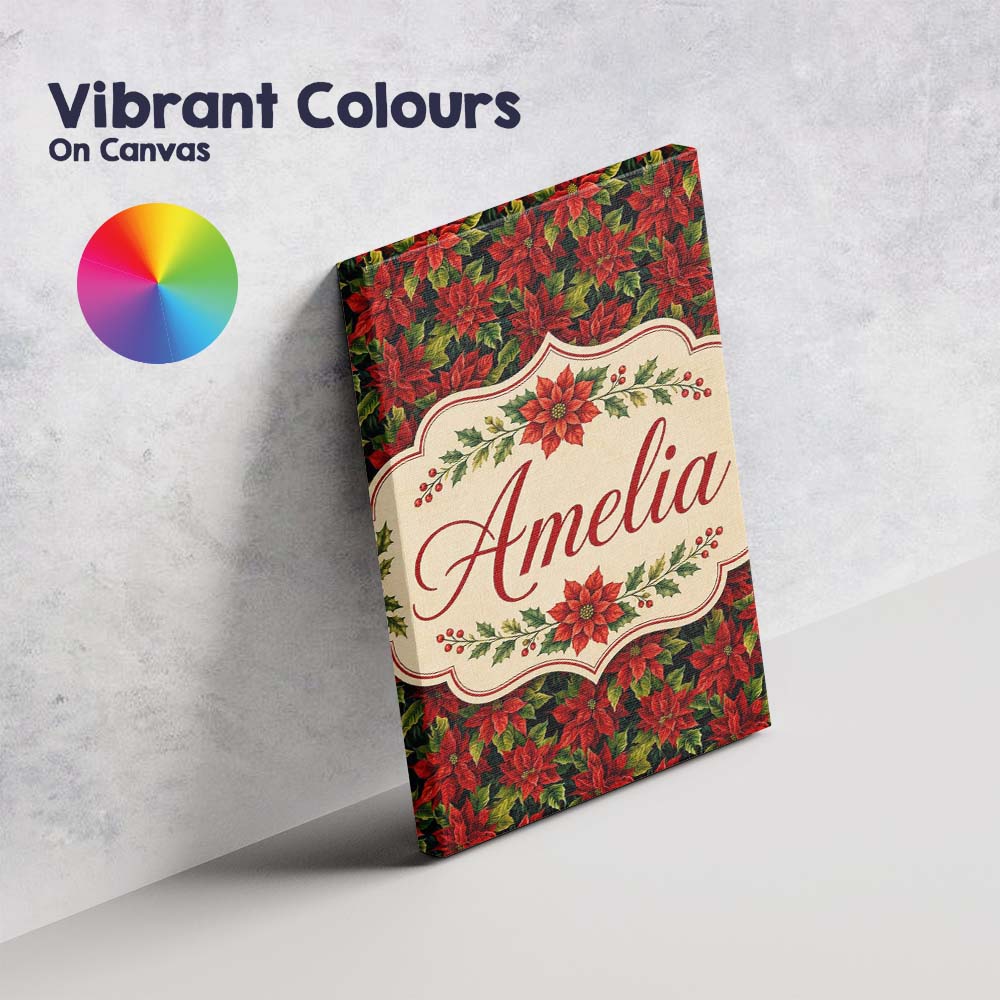 Personalised Name Rich Red Poinsettia on Custom Unique Gift Idea Elegant Feature Canvas Wall Art Print Decor Picture Ready to Hang