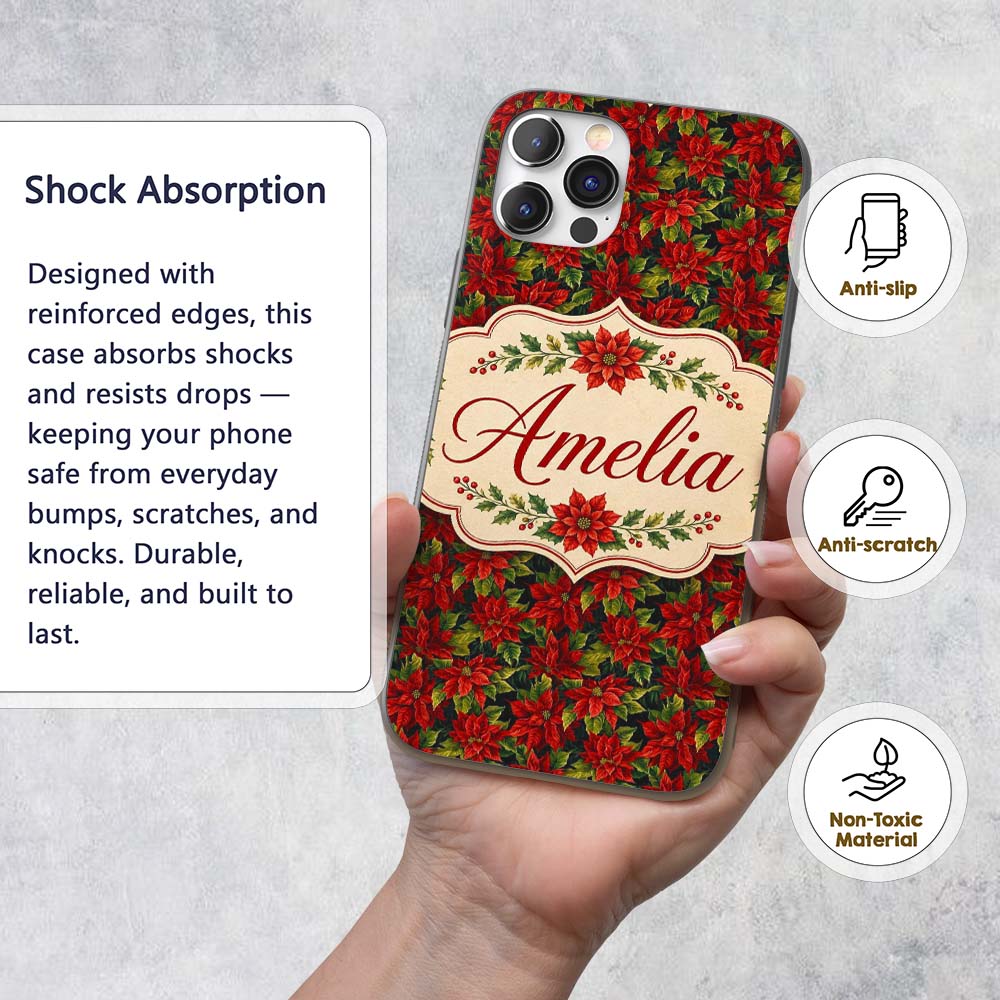 Rich Red Poinsettia on Dark Green Printed Design Custom Name Protective Phone Case Mobile Cover Durable Everyday Smartphone Shock Resistant