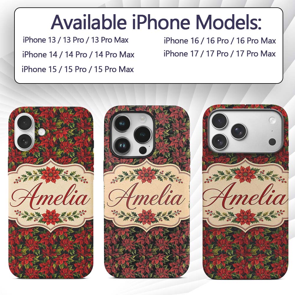 Rich Red Poinsettia on Dark Green Printed Design Custom Name Protective Phone Case Mobile Cover Durable Everyday Smartphone Shock Resistant