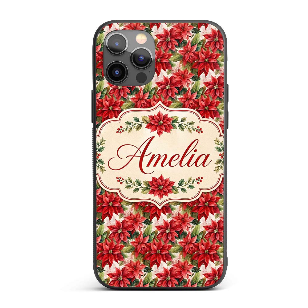 Vintage Style Poinsettia Floral Cream Holiday Custom Name Protective Phone Case Mobile Cover Durable Everyday Smartphone Shock Resistant