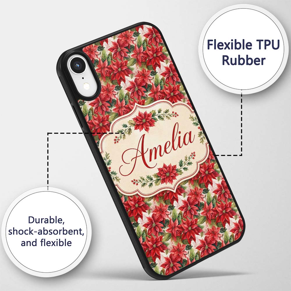 Vintage Style Poinsettia Floral Cream Holiday Custom Name Protective Phone Case Mobile Cover Durable Everyday Smartphone Shock Resistant