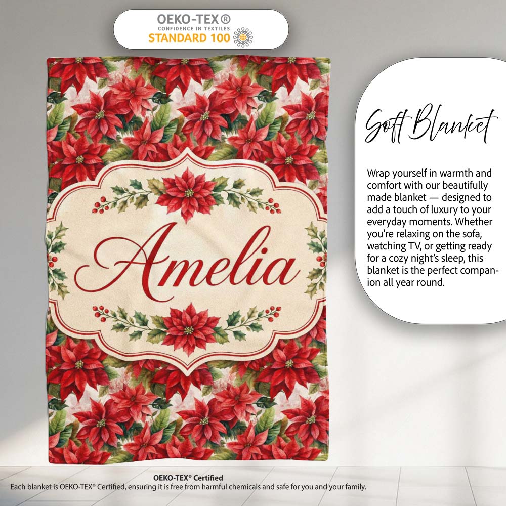 Vintage Style Poinsettia Floral Cream Holiday Seamless Pattern Personalised Custom Name Super Soft Fleece Blanket Bed Sofa Throw