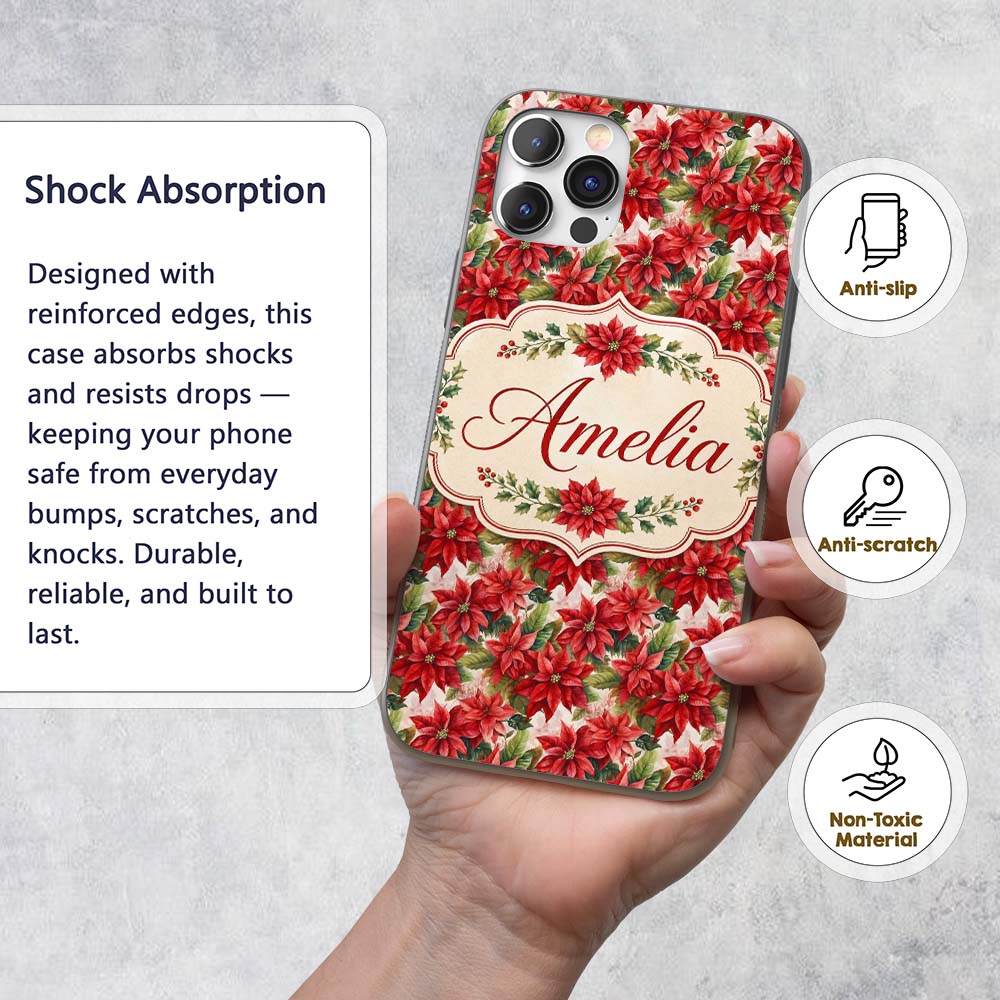 Vintage Style Poinsettia Floral Cream Holiday Custom Name Protective Phone Case Mobile Cover Durable Everyday Smartphone Shock Resistant