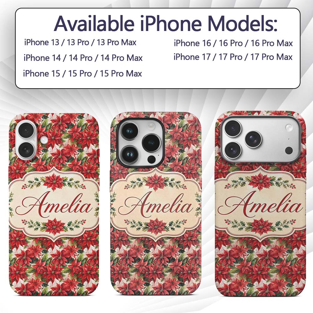 Vintage Style Poinsettia Floral Cream Holiday Custom Name Protective Phone Case Mobile Cover Durable Everyday Smartphone Shock Resistant