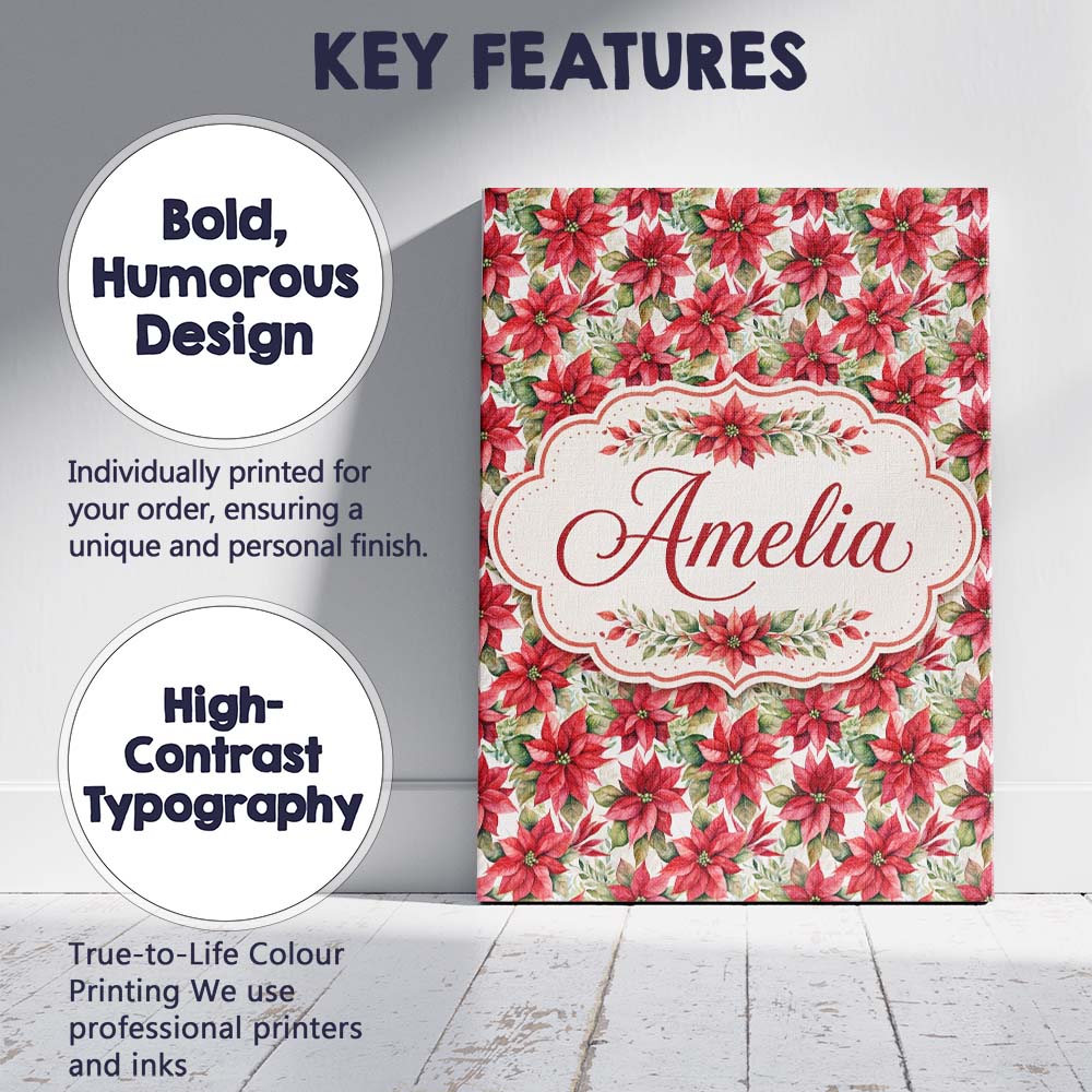 Personalised Name Elegant Poinsettia and Custom Interior Decorative Contemporary Canvas Wall Art Print Decor Picture Ready to Hang