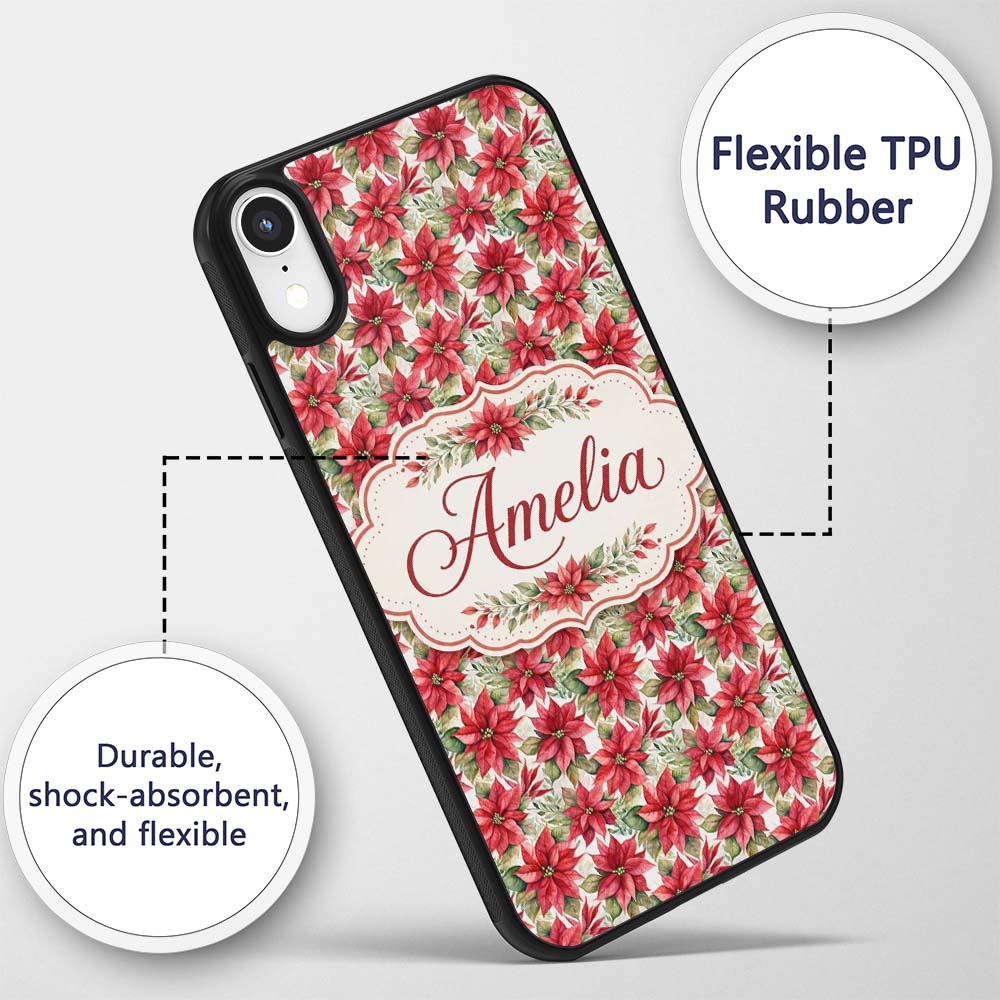 Elegant Poinsettia and Foliage Christmas Seamless Custom Name Protective Phone Case Mobile Cover Durable Everyday Smartphone Shock Resistant
