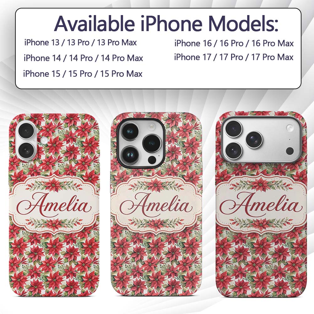 Elegant Poinsettia and Foliage Christmas Seamless Custom Name Protective Phone Case Mobile Cover Durable Everyday Smartphone Shock Resistant