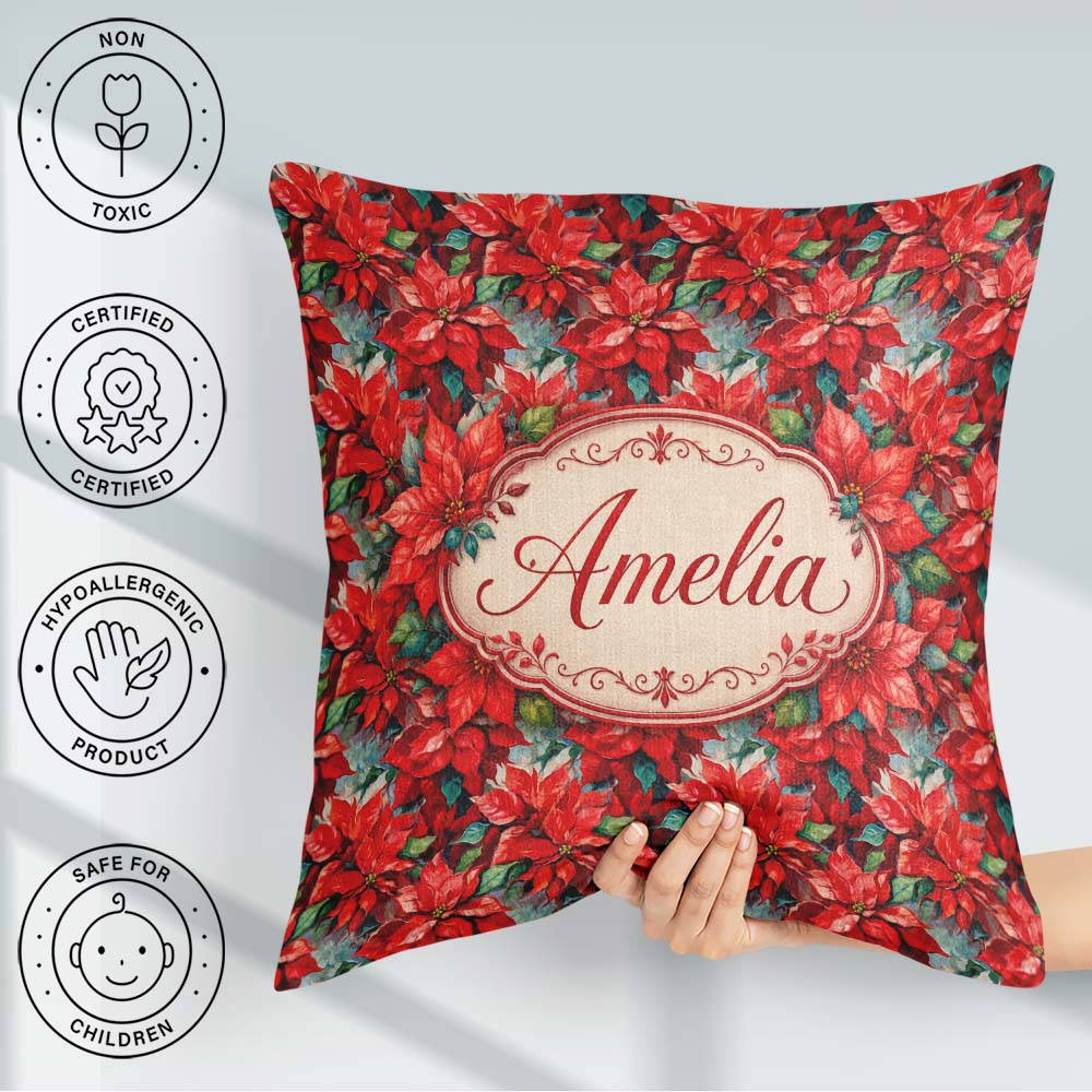 Custom Name Painterly Red Poinsettia Artistic Seamless Pattern Square Filled Cushion Throw Pillow Sofa Bed Home Decor Zip Washable UK Made