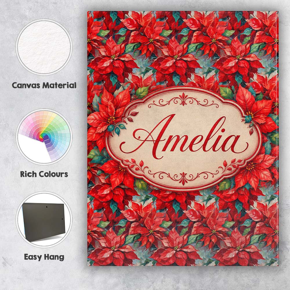 Personalised Name Painterly Red Poinsettia Custom Unique Gift Idea Elegant Feature Canvas Wall Art Print Decor Picture Ready to Hang