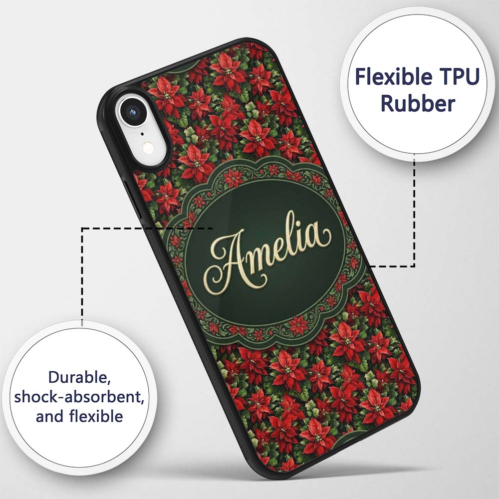 Bold Festive Poinsettia with Deep Green Leaves Custom Name Protective Phone Case Mobile Cover Durable Everyday Smartphone Shock Resistant