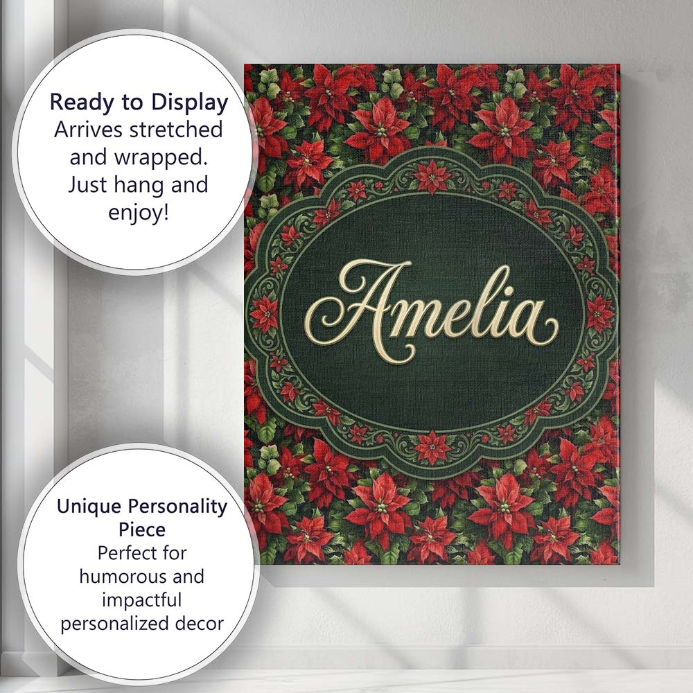 Personalised Name Bold Festive Poinsettia Custom Unique Gift Idea Elegant Feature Canvas Wall Art Print Decor Picture Ready to Hang