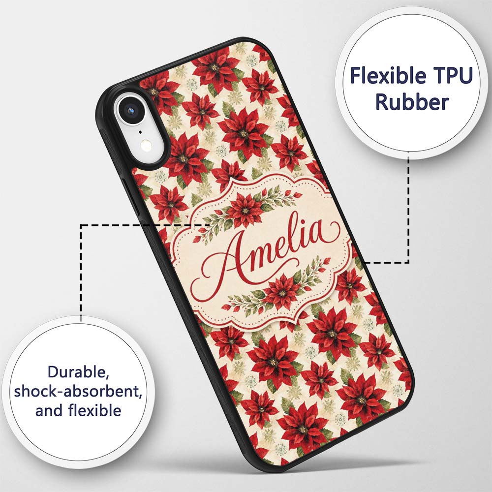 Traditional Poinsettia with Snowflake Accents Custom Name Protective Phone Case Mobile Cover Durable Everyday Smartphone Shock Resistant