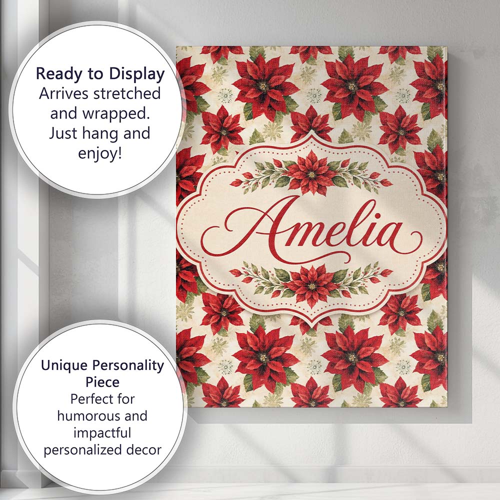 Personalised Name Traditional Poinsettia Custom Unique Gift Idea Elegant Feature Canvas Wall Art Print Decor Picture Ready to Hang