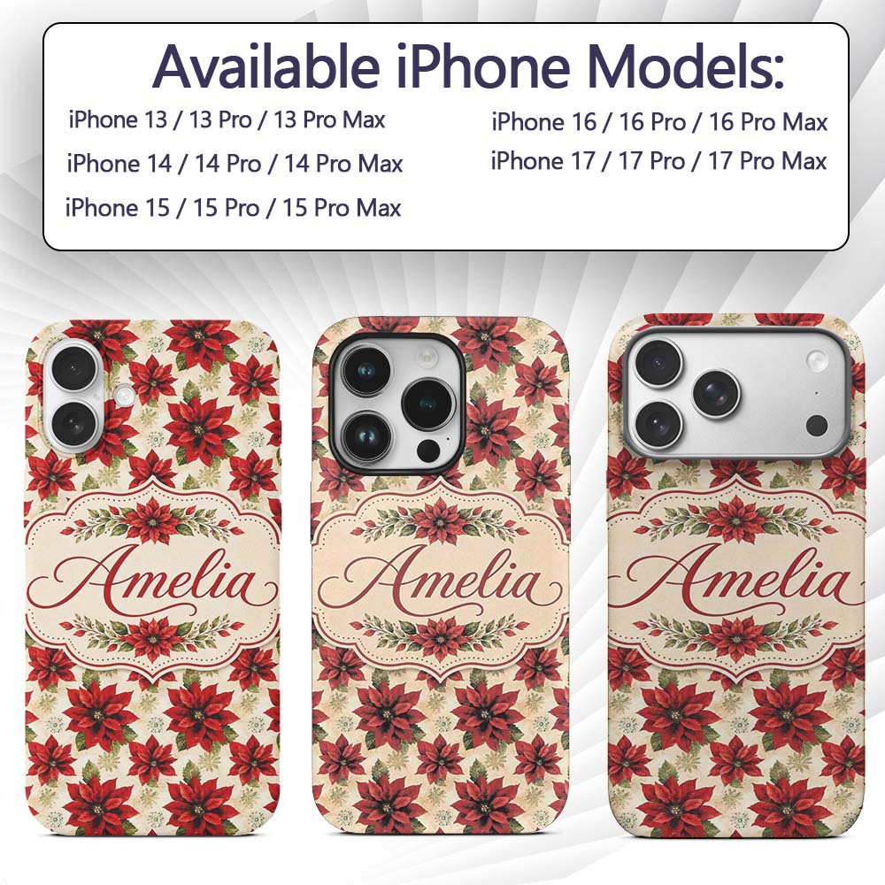 Traditional Poinsettia with Snowflake Accents Custom Name Protective Phone Case Mobile Cover Durable Everyday Smartphone Shock Resistant