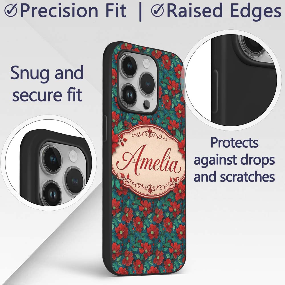 Teal Background Red Floral Botanical Seamless Custom Name Protective Phone Case Mobile Cover Durable Everyday Smartphone Shock Resistant
