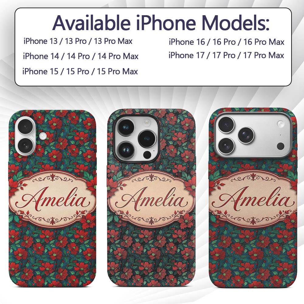 Teal Background Red Floral Botanical Seamless Custom Name Protective Phone Case Mobile Cover Durable Everyday Smartphone Shock Resistant