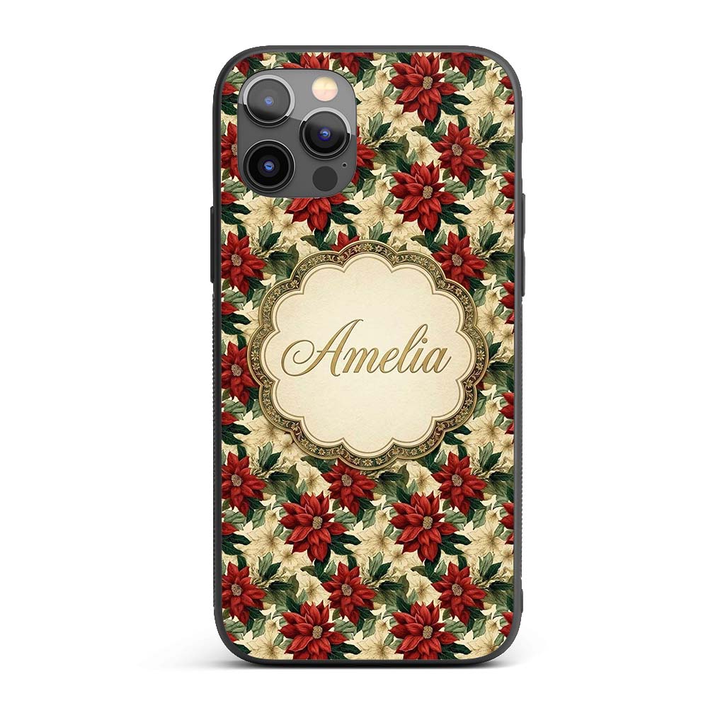 Cream Floral Poinsettia Botanical Printed Design Custom Name Protective Phone Case Mobile Cover Durable Everyday Smartphone Shock Resistant