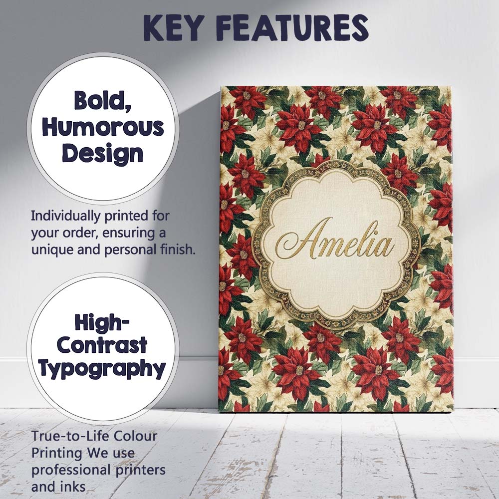 Personalised Name Cream Floral Poinsettia Custom Unique Gift Idea Elegant Feature Canvas Wall Art Print Decor Picture Ready to Hang