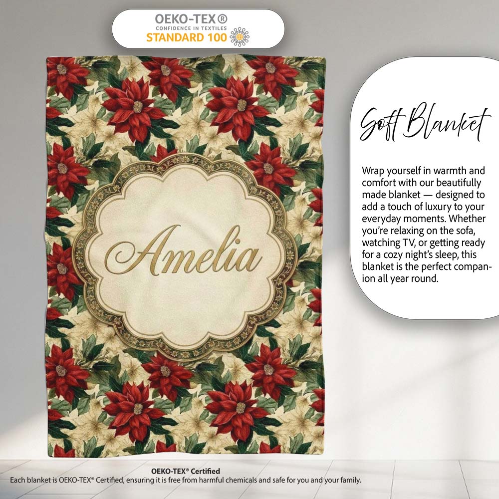 Cream Floral Poinsettia Botanical Vintage Seamless Pattern Lovely Personalised Custom Name Super Soft Fleece Blanket Bed Sofa Throw