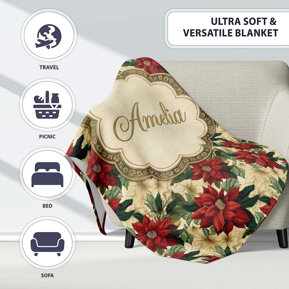 Cream Floral Poinsettia Botanical Vintage Seamless Pattern Lovely Personalised Custom Name Super Soft Fleece Blanket Bed Sofa Throw
