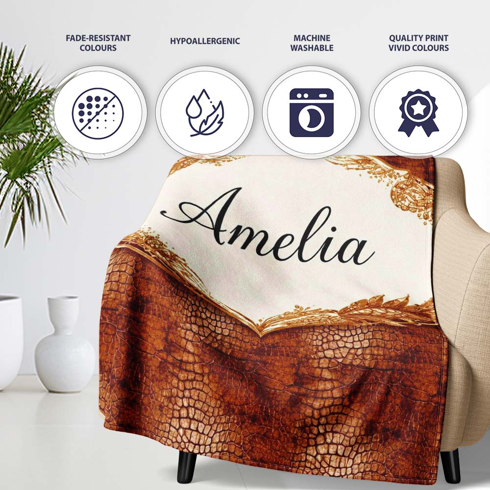 Brown Crocodile Leather Texture Pattern Charming Decor Personalised Custom Name Super Soft Fleece Blanket Bed Sofa Throw