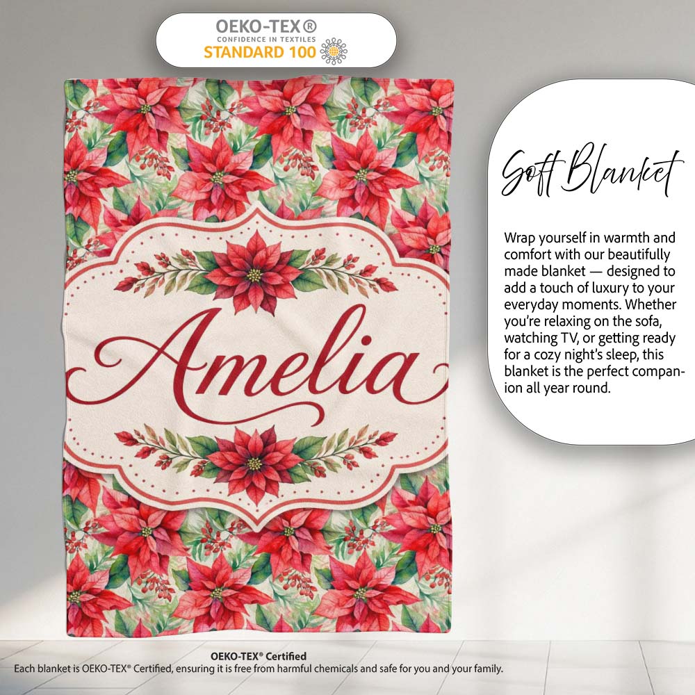 Soft Watercolour Poinsettia Christmas Floral Seamless Pattern Lovely Personalised Custom Name Super Soft Fleece Blanket Bed Sofa Throw