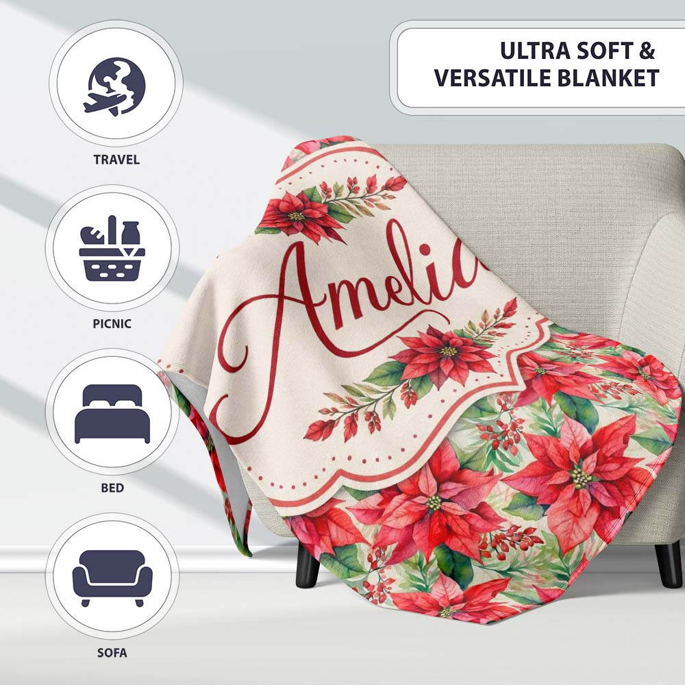 Soft Watercolour Poinsettia Christmas Floral Seamless Pattern Lovely Personalised Custom Name Super Soft Fleece Blanket Bed Sofa Throw