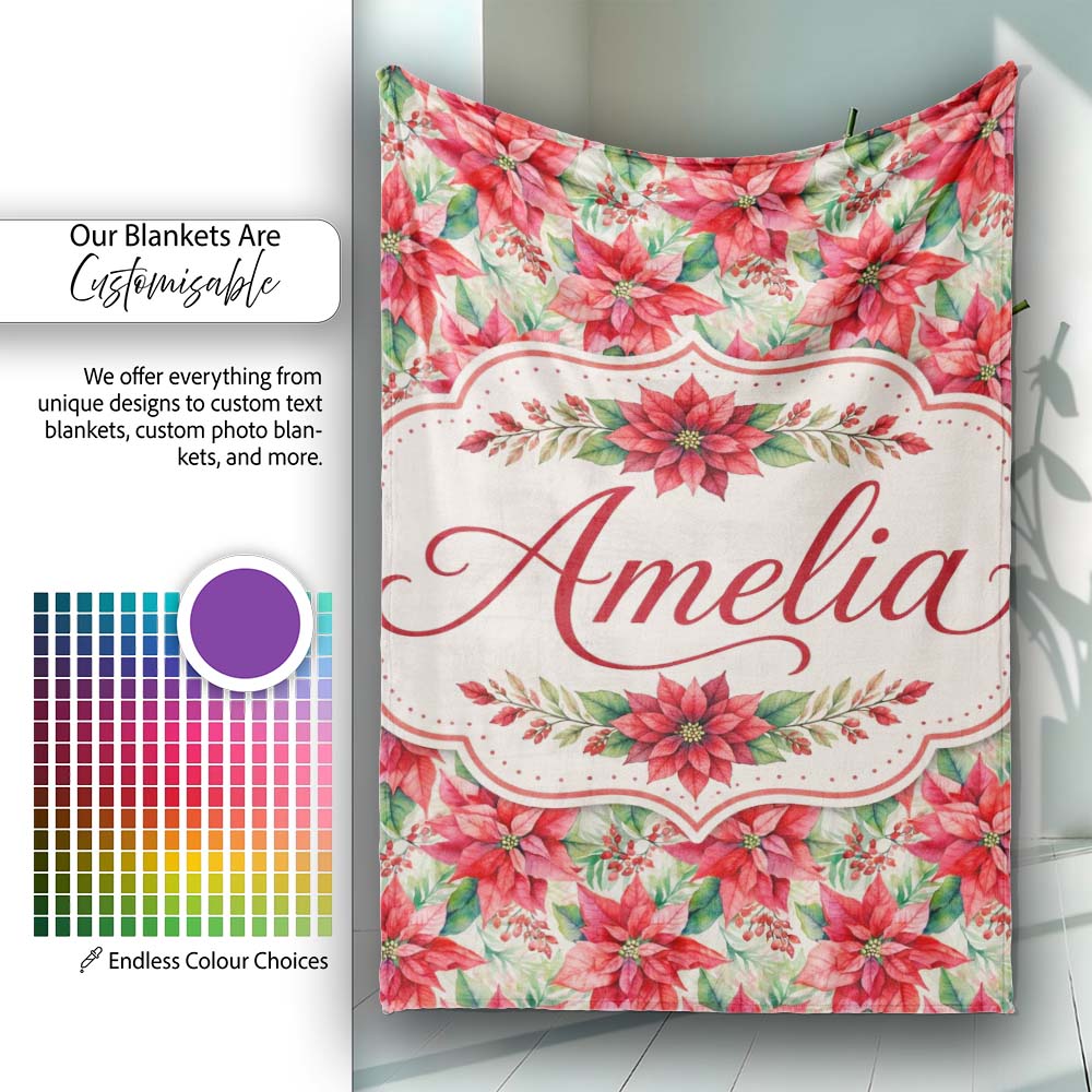 Soft Watercolour Poinsettia Christmas Floral Seamless Pattern Lovely Personalised Custom Name Super Soft Fleece Blanket Bed Sofa Throw