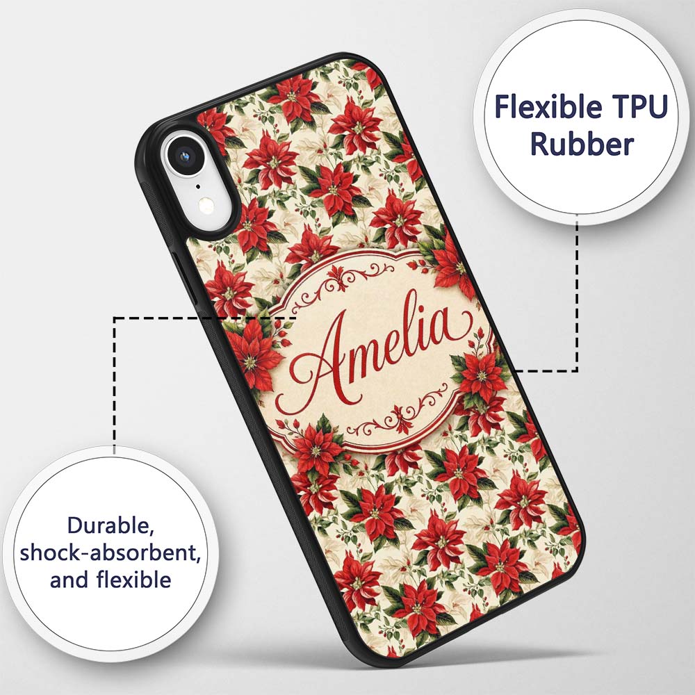 Vintage Poinsettia Floral Cream Printed Design Custom Name Protective Phone Case Mobile Cover Durable Everyday Smartphone Shock Resistant
