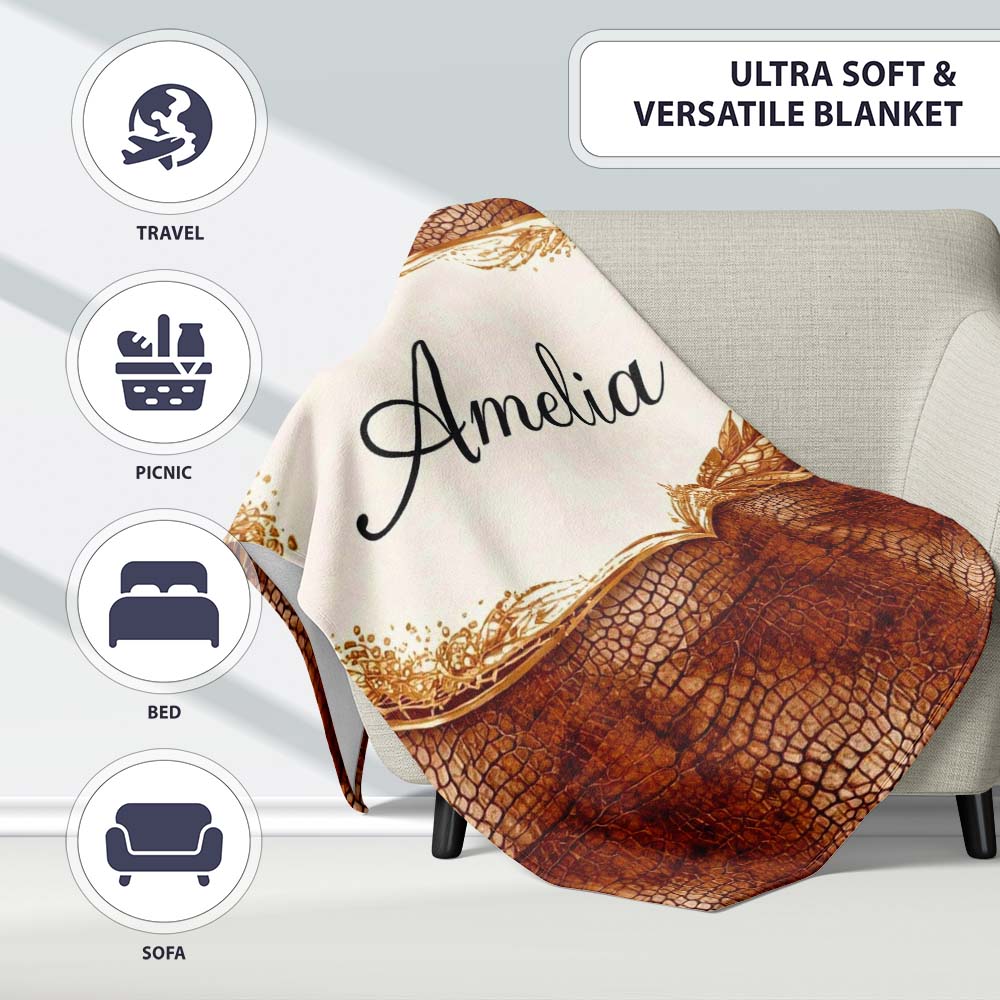 Brown Crocodile Leather Texture Pattern Charming Decor Personalised Custom Name Super Soft Fleece Blanket Bed Sofa Throw