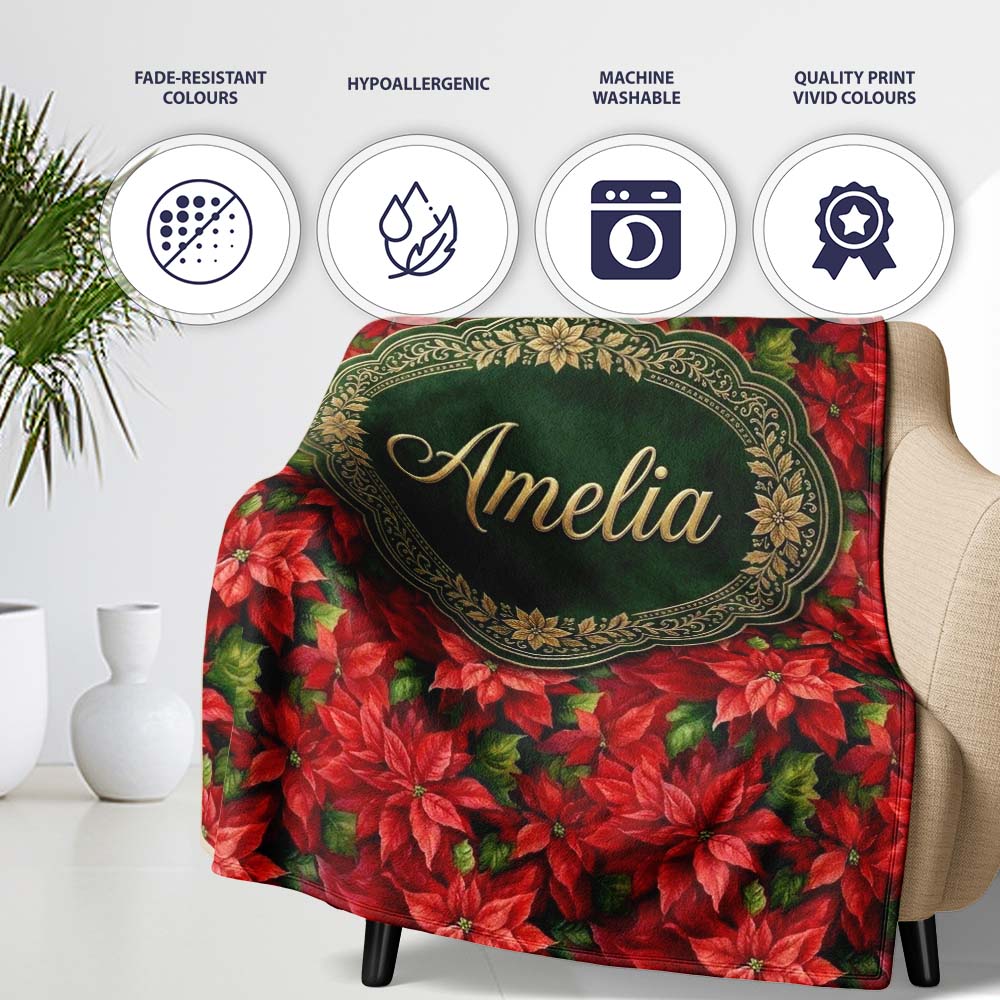 Rich Red Poinsettia Dense Floral Festive Christmas Botanical Design Personalised Custom Name Super Soft Fleece Blanket Bed Sofa Throw
