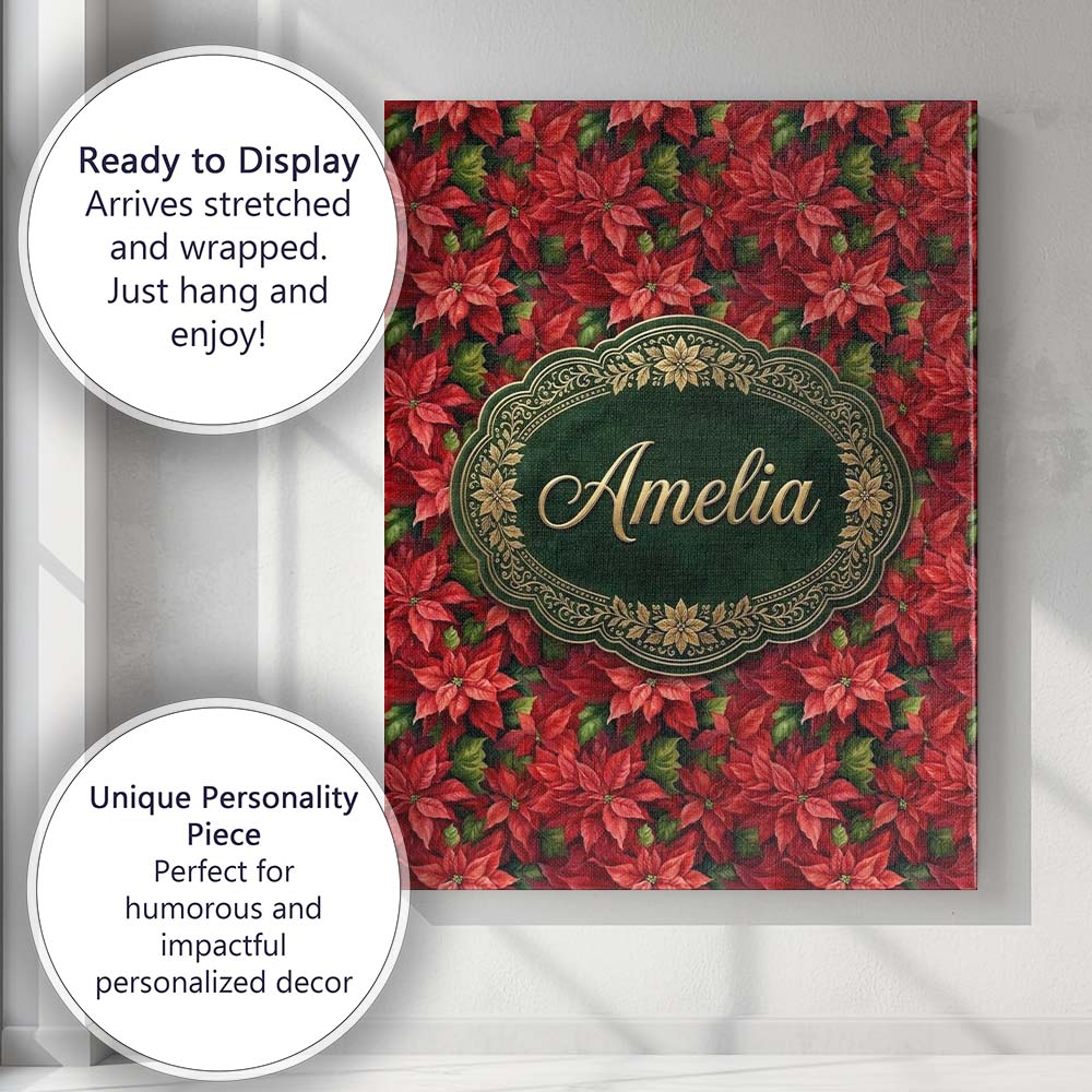 Personalised Name Rich Red Poinsettia Dense Custom Bespoke Interior Contemporary Canvas Wall Art Print Decor Picture Ready to Hang