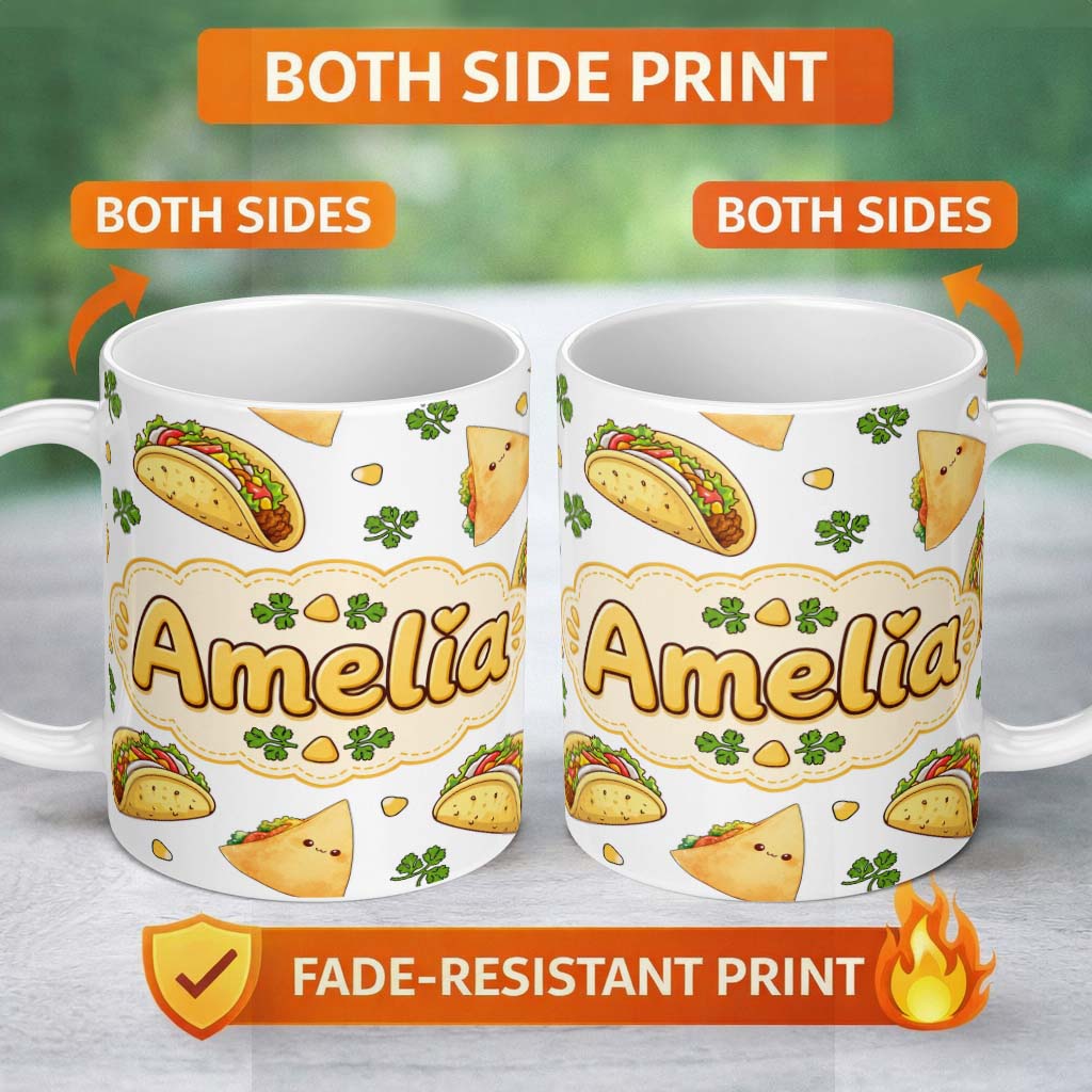 Personalized Custom Name Cute Kawaii Tacos and Wraps Seamless Pattern Light Grey Background 11oz Ceramic Coffee Tea Mug White Large Handle