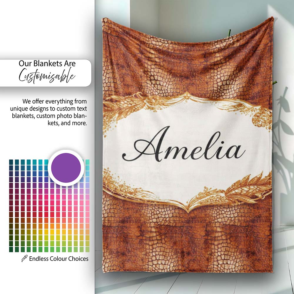 Brown Crocodile Leather Texture Pattern Charming Decor Personalised Custom Name Super Soft Fleece Blanket Bed Sofa Throw