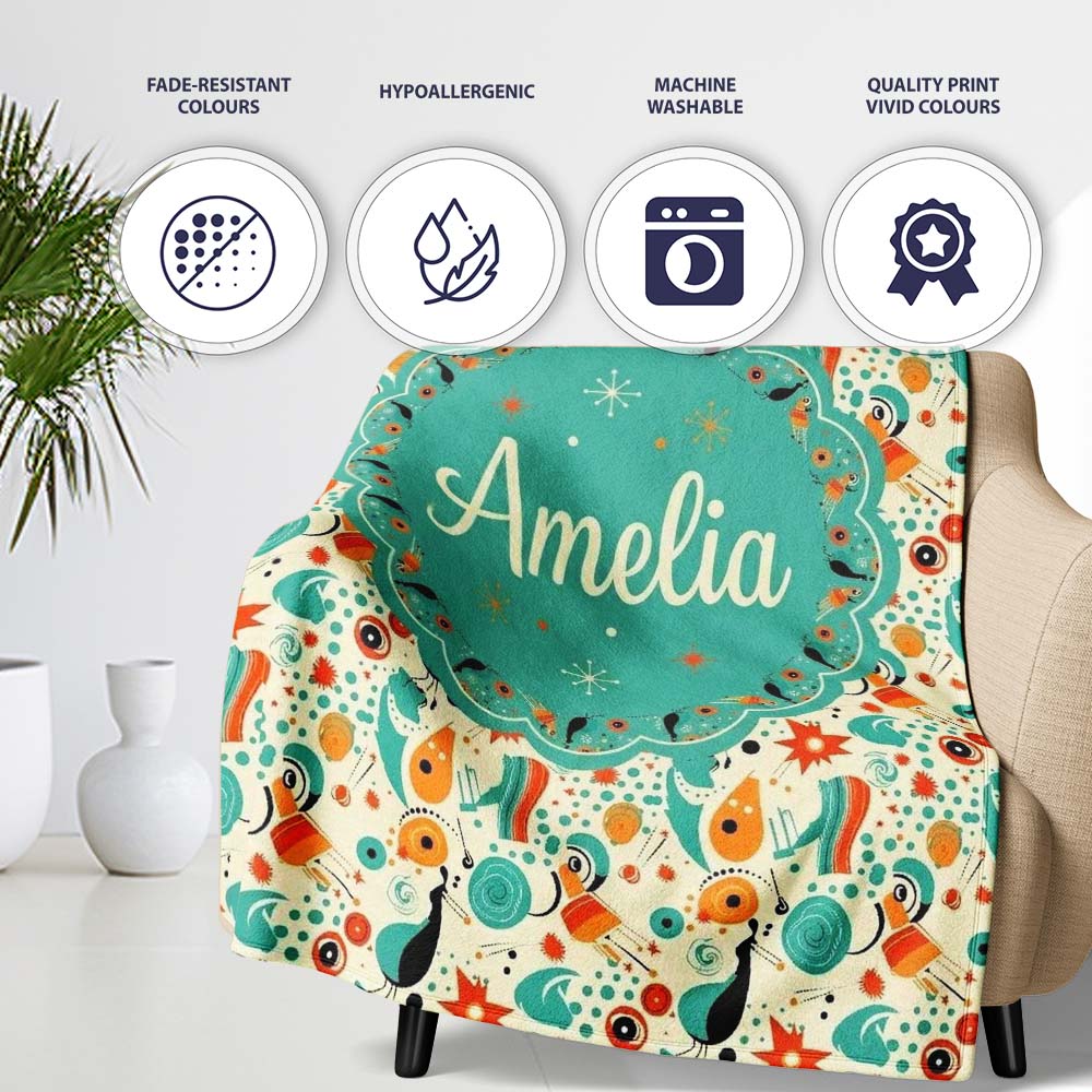 Whimsical Abstract Birds and Shapes Teal Orange Mid Century Style Personalised Custom Name Super Soft Fleece Blanket Bed Sofa Throw