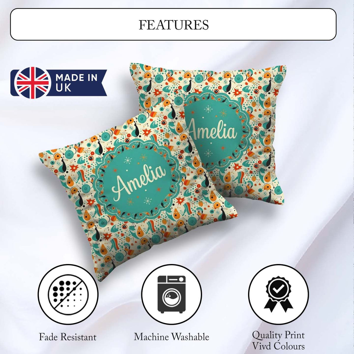 Custom Name Whimsical Abstract Birds and Shapes Teal Mid Century Square Filled Cushion Throw Pillow Sofa Bed Home Decor Zip Washable UK Made