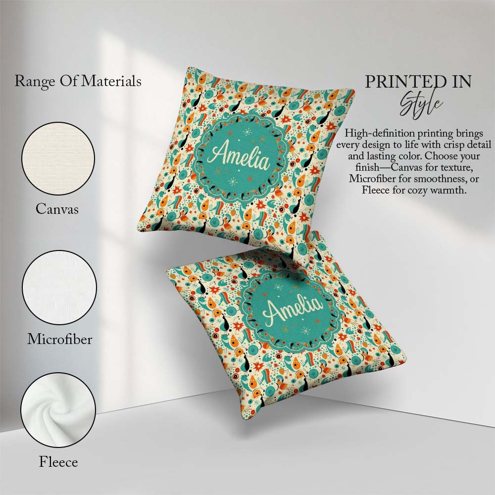Custom Name Whimsical Abstract Birds and Shapes Teal Mid Century Square Filled Cushion Throw Pillow Sofa Bed Home Decor Zip Washable UK Made
