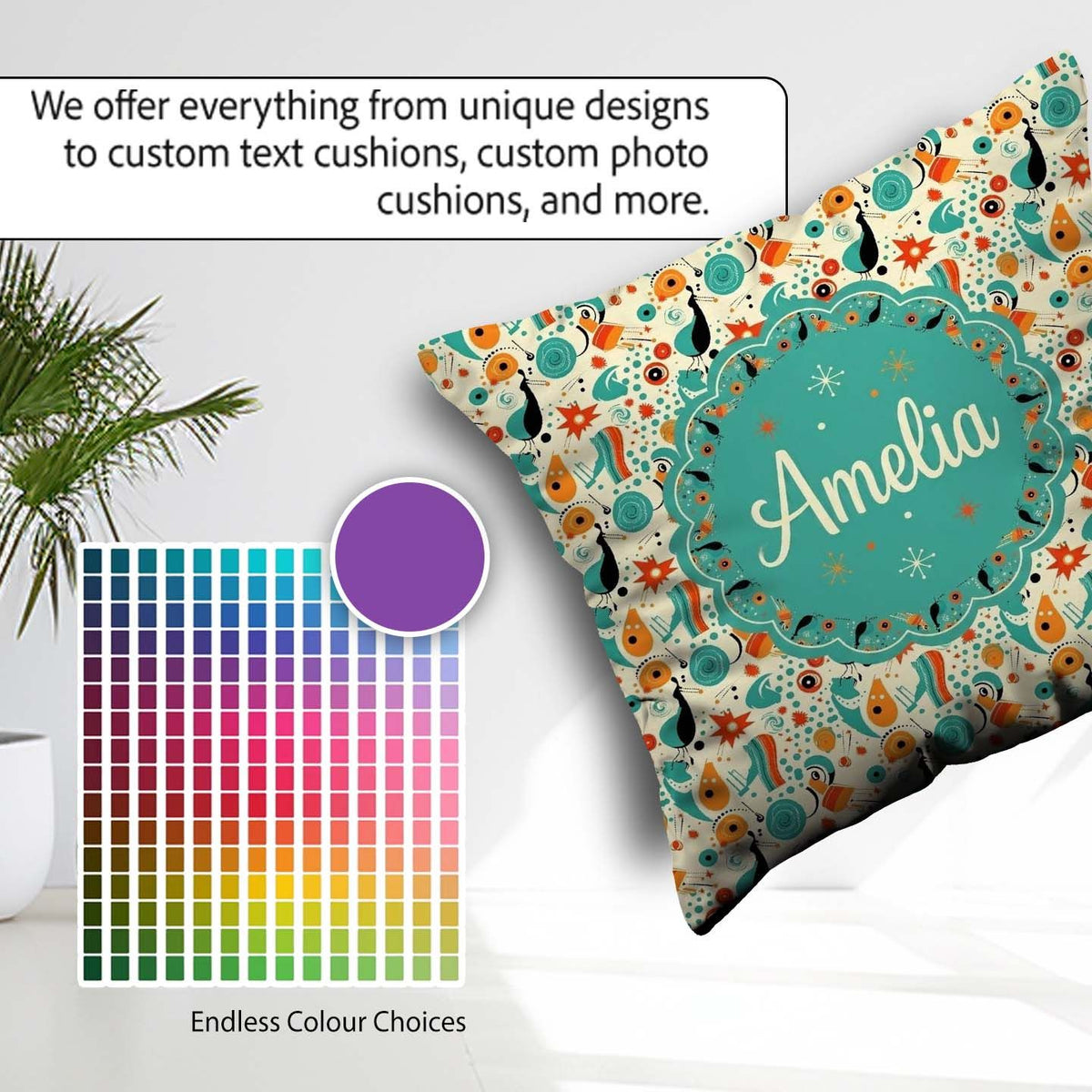 Custom Name Whimsical Abstract Birds and Shapes Teal Mid Century Square Filled Cushion Throw Pillow Sofa Bed Home Decor Zip Washable UK Made