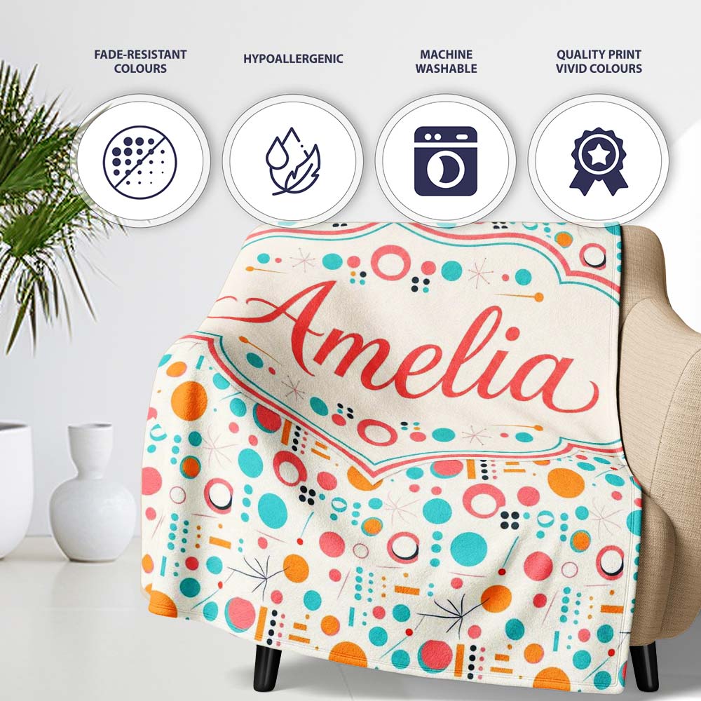 Mid Century Modern Geometric Circles and Lines Colour Palette Lovely Personalised Custom Name Super Soft Fleece Blanket Bed Sofa Throw