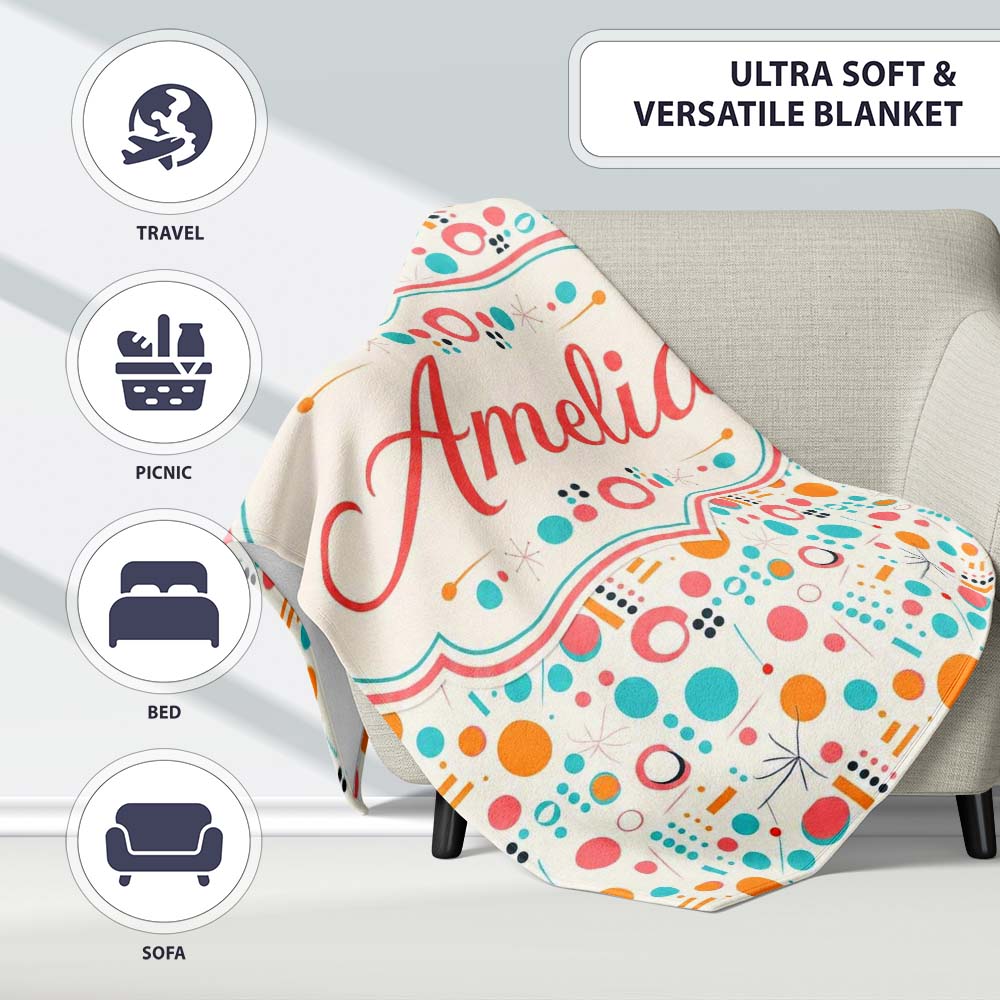 Mid Century Modern Geometric Circles and Lines Colour Palette Lovely Personalised Custom Name Super Soft Fleece Blanket Bed Sofa Throw