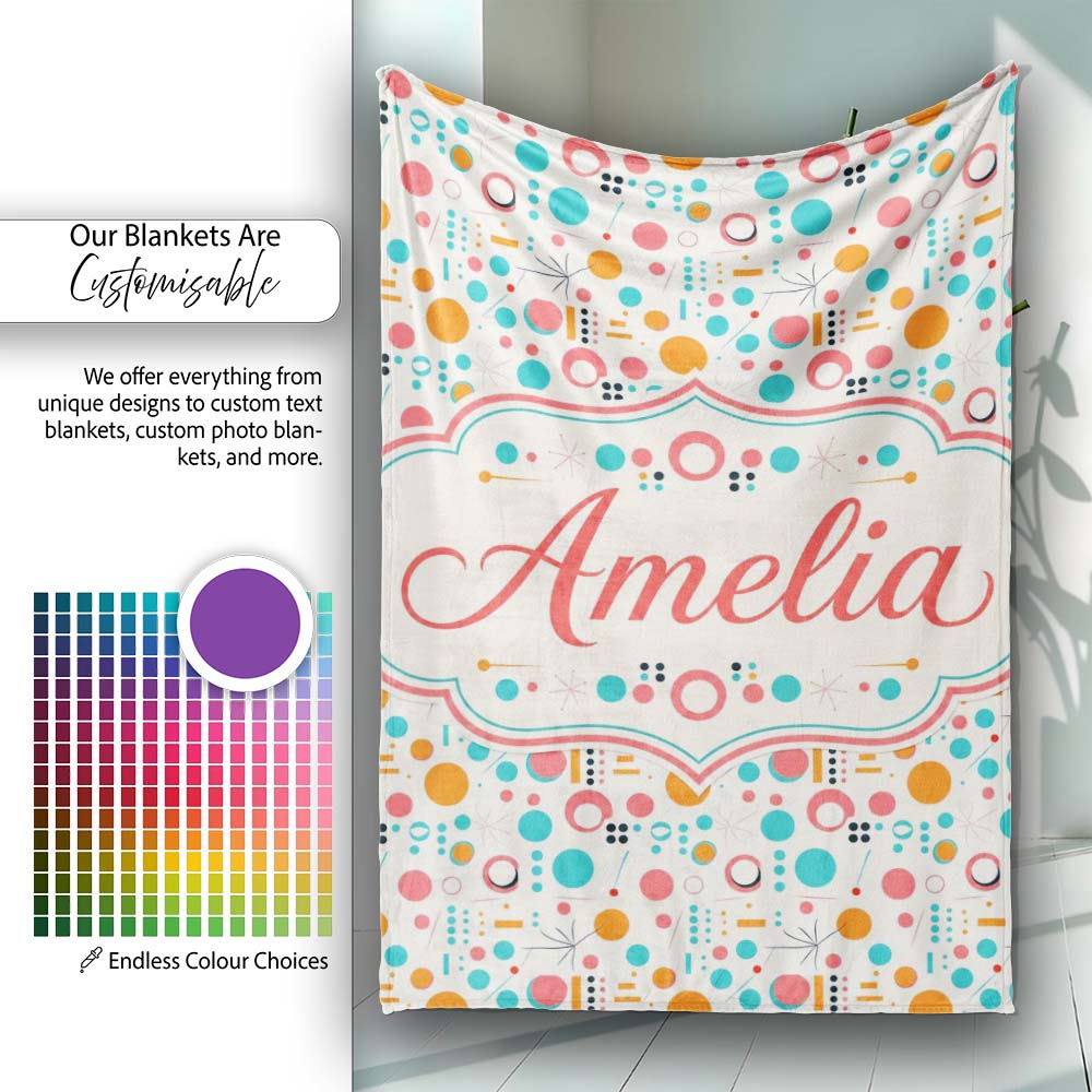 Mid Century Modern Geometric Circles and Lines Colour Palette Lovely Personalised Custom Name Super Soft Fleece Blanket Bed Sofa Throw