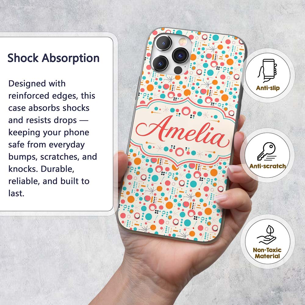 Mid Century Modern Geometric Circles and Lines Custom Name Protective Phone Case Mobile Cover Durable Everyday Smartphone Shock Resistant
