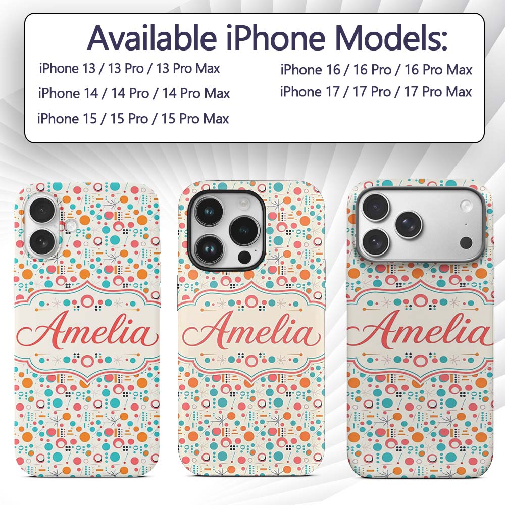 Mid Century Modern Geometric Circles and Lines Custom Name Protective Phone Case Mobile Cover Durable Everyday Smartphone Shock Resistant